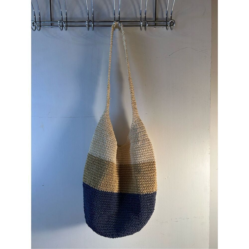 Natural straw striped shoulder bag 13"x11" beach natural hobo summer